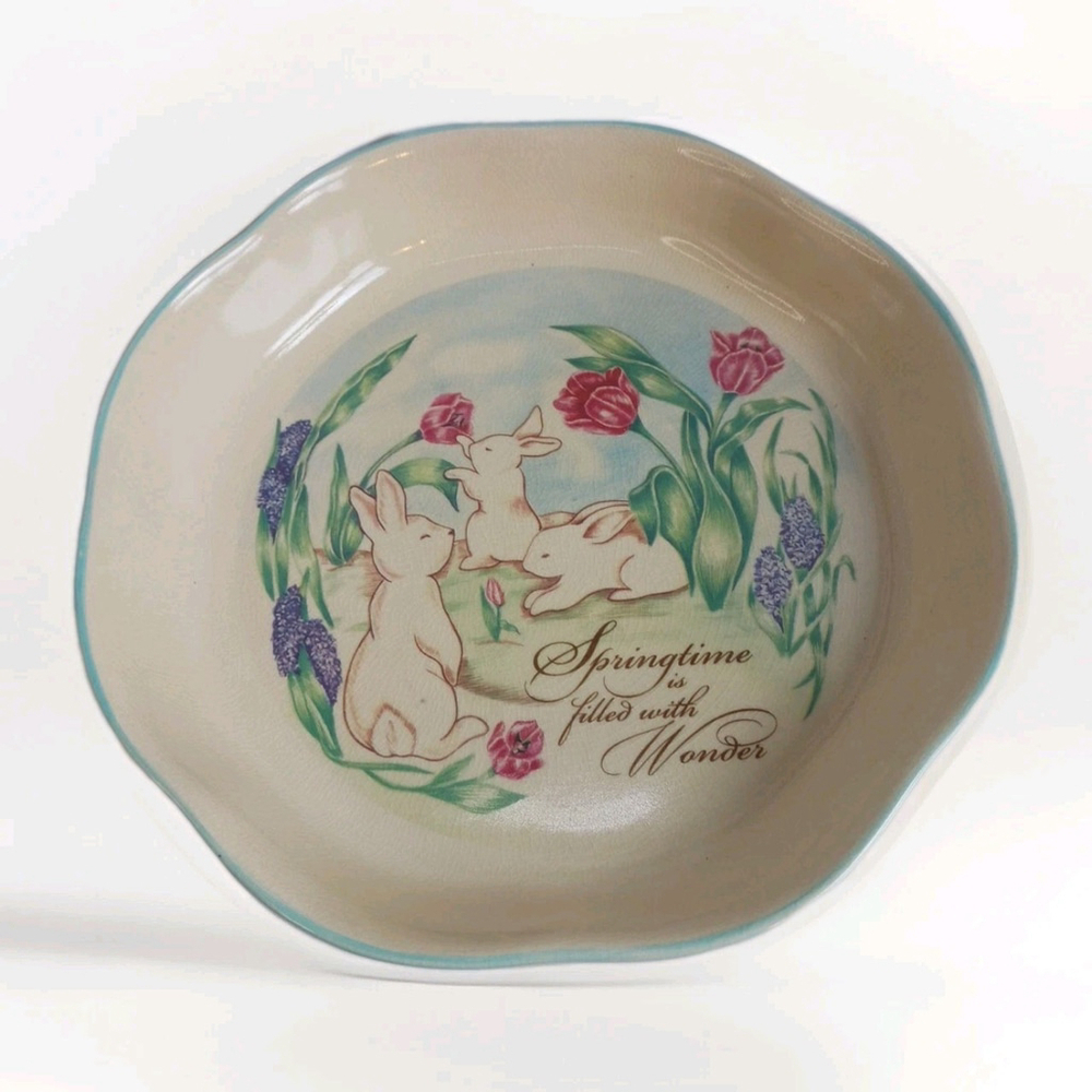 Russ Berrie Quiche Dish 10 inch Rabbits Vintage Ceramic